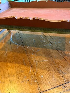 Vintage Red Wood Bed Tray with Handles, Folding Legs Distressed, Scroll Design